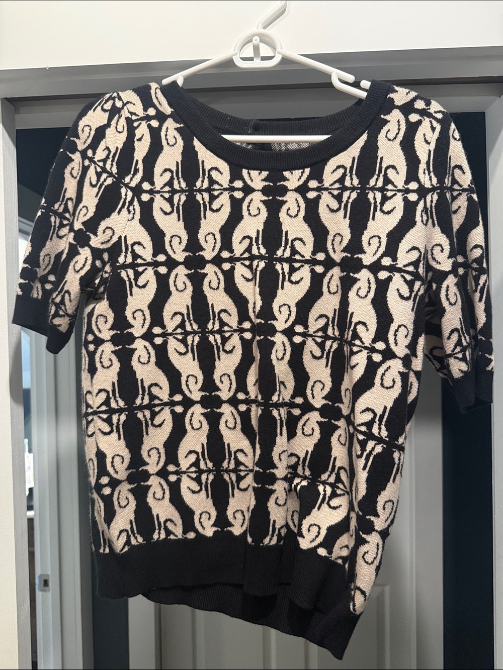Anthropologie Black and Cream Patterned Short-Sleeve Knit Top